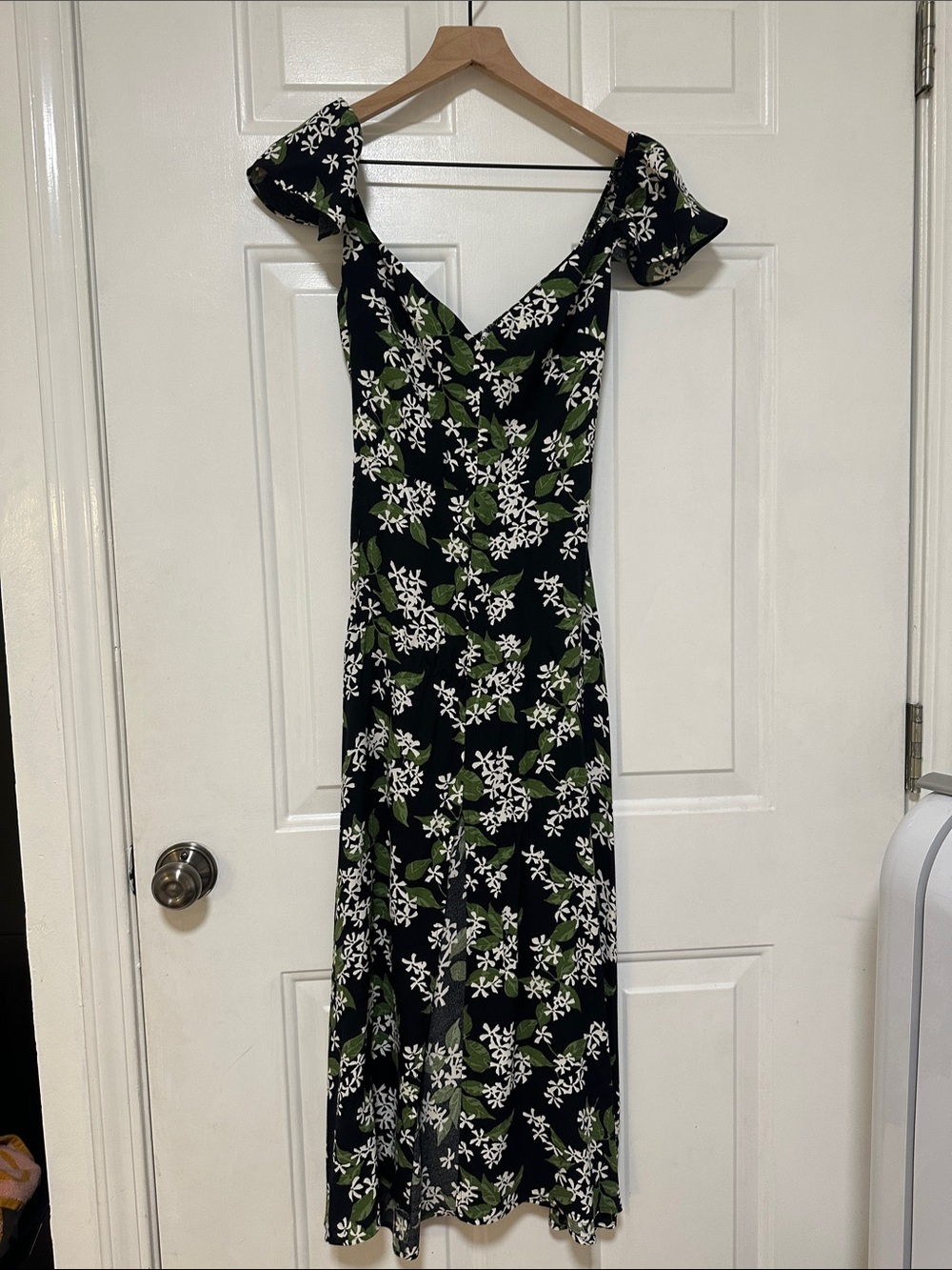 Reformation Black Maxi Dress with White Floral and Green Leaves
